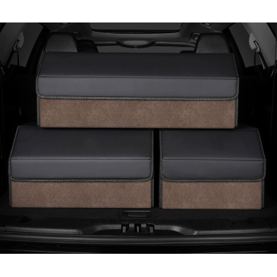 Medium Sized Tumbled Leather Brown Foldable Car Trunk Storage Box - Large Capacity Insertable Rear Organizer