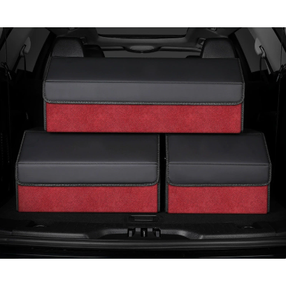 Medium Sized Tumbled Leather Red Foldable Car Trunk Storage Box - Large Capacity Insertable Rear Organizer