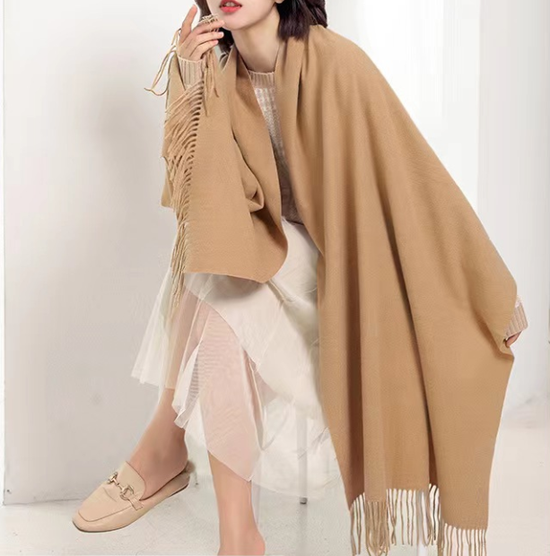 Pink 2 PCS Skin Red Solid Color Scarf Shawl with Tassels - Warm Korean Style Wrap (180cm x 70cm)