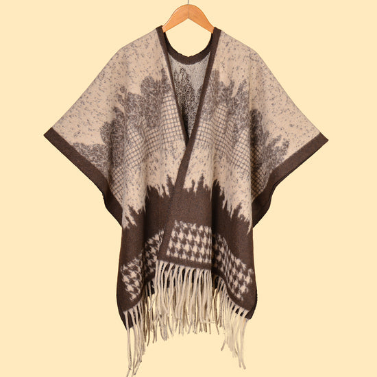 Far Hills Chidori Coffee Elegant Autumn Winter Shawl - Artistic Split-Design Knit Cloak with Oil Painting Style