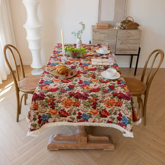 Floral Cotton Linen Tablecloth | Vintage Style Country Garden Design, 120*120cm