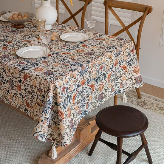Floral Vintage Bird Tassel Tablecloth | Vintage Cotton and Linen Jacquard Tablecloth, 90x90cm
