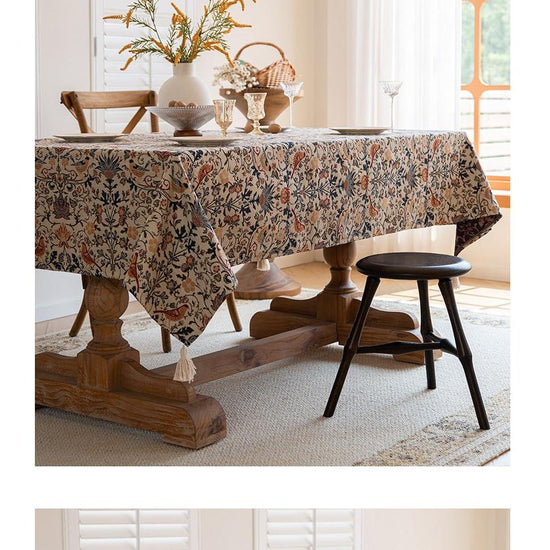 Floral Vintage Bird Tassel Tablecloth | Vintage Cotton and Linen Jacquard Tablecloth, 120*160cm