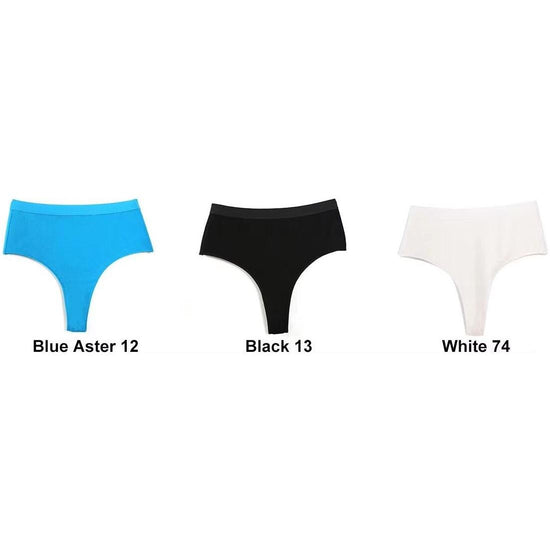 3 pcs(White+Black+Blue Aster) High-Waisted Solid Color Cotton Comfort Plus Size Tummy Control Thong Panties for Women – Size M