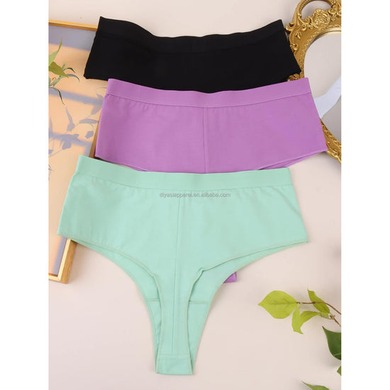3 pcs(MINT green+Black+Violet) High-Waisted Solid Color Cotton Comfort Plus Size Tummy Control Thong Panties for Women – Size M