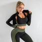 Army Green High Waist Yoga Set for Women- Sports Bra, Long Sleeve Shirt & Leggings 3-Piece Workout Set Size L