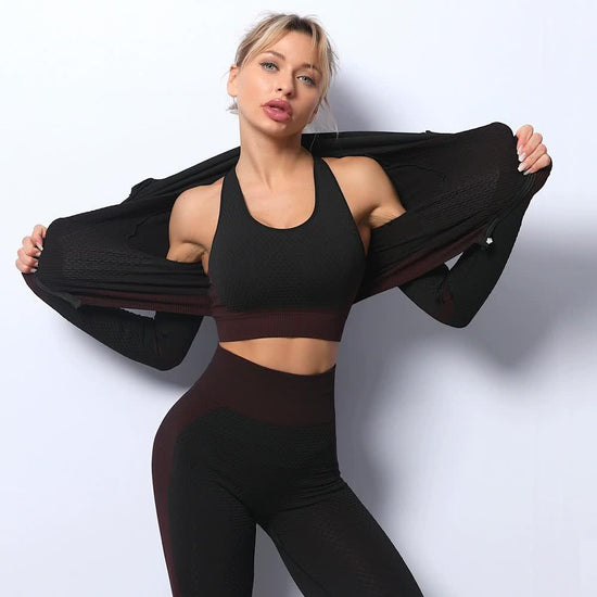 Red High Waist Yoga Set for Women - Sports Bra, Long Sleeve Shirt & Leggings 3-Piece Workout Set Size XXXL