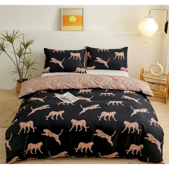 Black leopard print Three-Piece Bedding Set - Comfortable Polyester with Adjustable Corner Straps (Quilt Cover 173*230CM + Pillowcase 51*76CM*2)