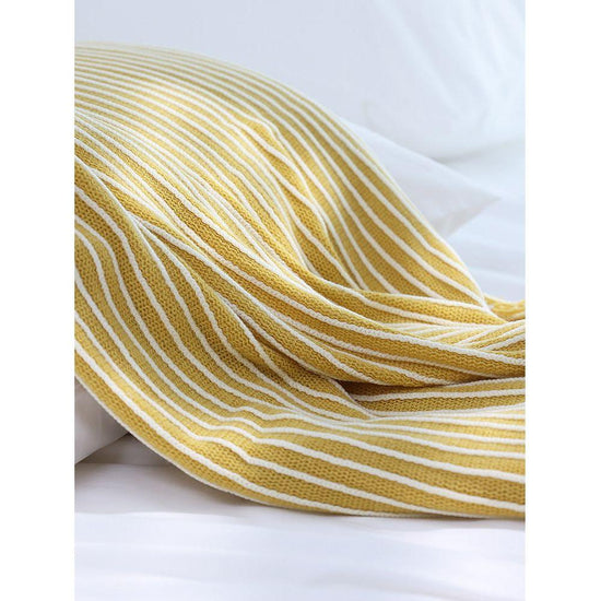 Yellow Cozy Knit Throw Blanket with Fringe - Stylish Striped  Bed End Cover, 127x170CM