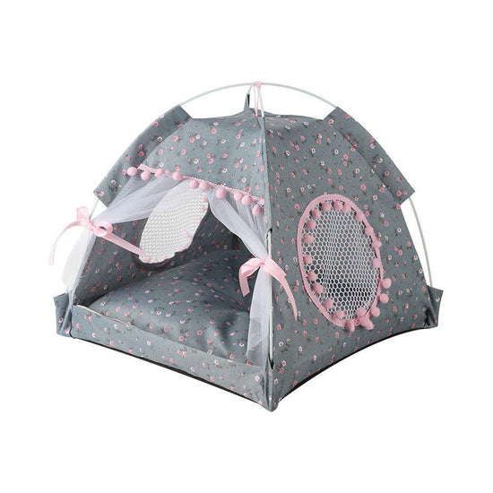 Gray floral Portable Folding Pet Tent - Summer Cat & Dog Shelter with Mesh Window, Lightweight and Breathable, Ideal for Travel & Home Use 40x40x35CM