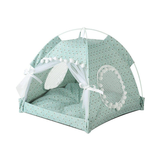 Green floral Portable Folding Pet Tent - Summer Cat & Dog Shelter with Mesh Window, Lightweight and Breathable, Ideal for Travel & Home Use 40x40x35CM