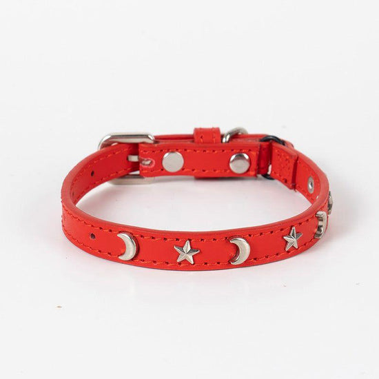 3 pcs Red Stylish PU Leather Pet Collar - Anti-Loss, Puppy Bell, Star & Moon Design Width 1.2cm Total Length 35cm