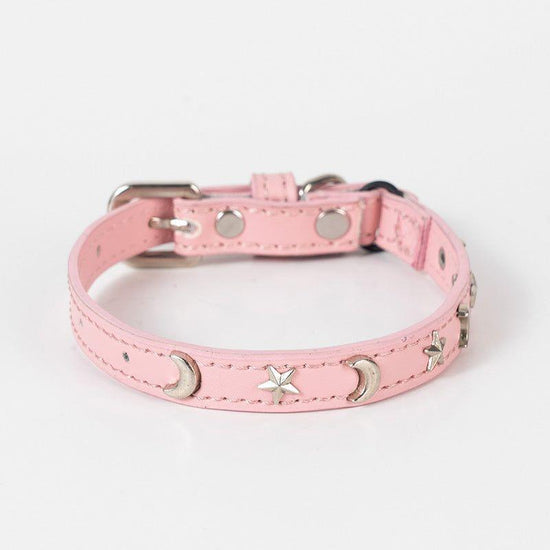 3 pcs Pink Stylish PU Leather Pet Collar - Anti-Loss, Puppy Bell, Star & Moon Design Width 1.2cm Total Length 35cm