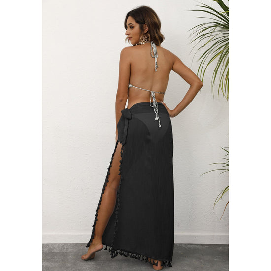 Black Lightweight Tassel Sarong - Sexy Beach Skirt Cover-Up 104x86cm