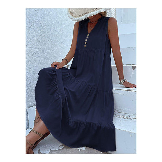 Navy blue Flowy Sleeveless Midi Dress - Sleeveless solid sundress with decorative buttons Size M