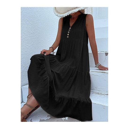 Black Flowy Sleeveless Midi Dress - Sleeveless solid sundress with decorative buttons Size L