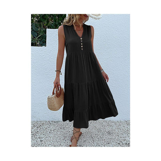 Black Flowy Sleeveless Midi Dress - Sleeveless solid sundress with decorative buttons Size L