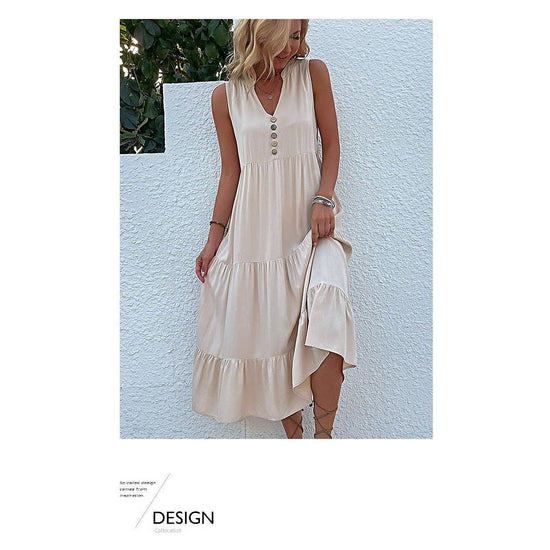 Apricot Flowy Sleeveless Midi Dress - Sleeveless solid sundress with decorative buttons Size XL