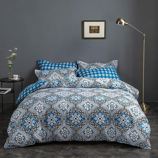 Blue Floral Duvet Cover - 3 Piece Bedding Set (with Corner Ties)