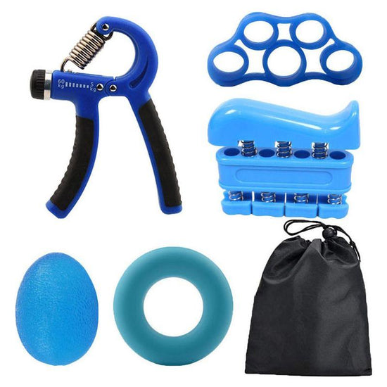 Blue 5-Piece Hand Grip Strength Training Set - Adjustable Grip Exerciser, Silicone Grip Rings & Grip Ball