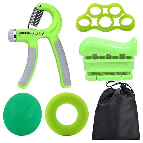 Green 5-Piece Hand Grip Strength Training Set - Adjustable Grip Exerciser, Silicone Grip Rings & Grip Ball