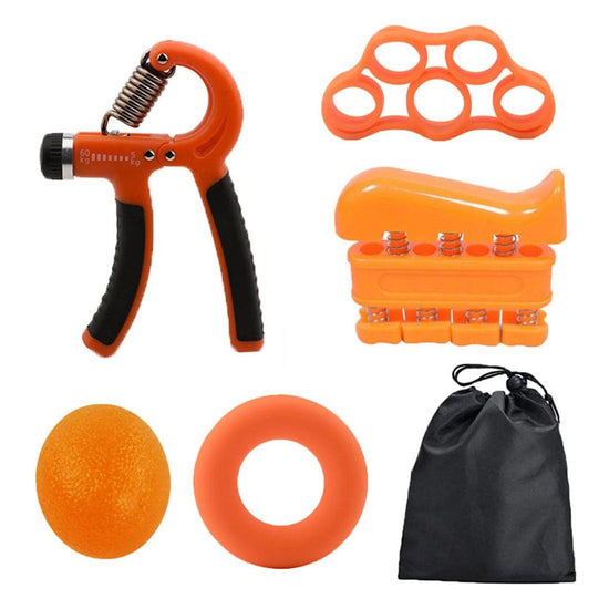 Orange 5-Piece Hand Grip Strength Training Set - Adjustable Grip Exerciser, Silicone Grip Rings & Grip Ball