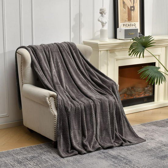Dark Grey Soft Flannel Jacquard Throw Blanket - Cozy Sofa & Bed Cover, Air Conditioning Blanket, 50 x 60 Inches, Elegant Solid Color