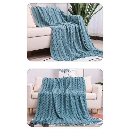 130*230CM Blue Modern Knitted Throw Blanket with Tassels - Soft & Lightweight for Sofa, Bed, and Office