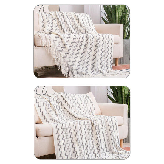 130*230CM White And Grey Modern Knitted Throw Blanket with Tassels - Soft & Lightweight for Sofa, Bed, and Office