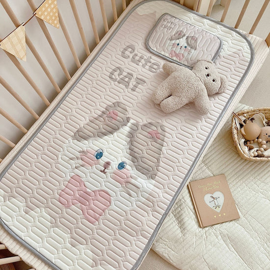 Cute Cat Pattern 2 Piece Set Kids Cooling Pad Set - 60x120cm Cartoon Latex Mattress Protector,  Pillow