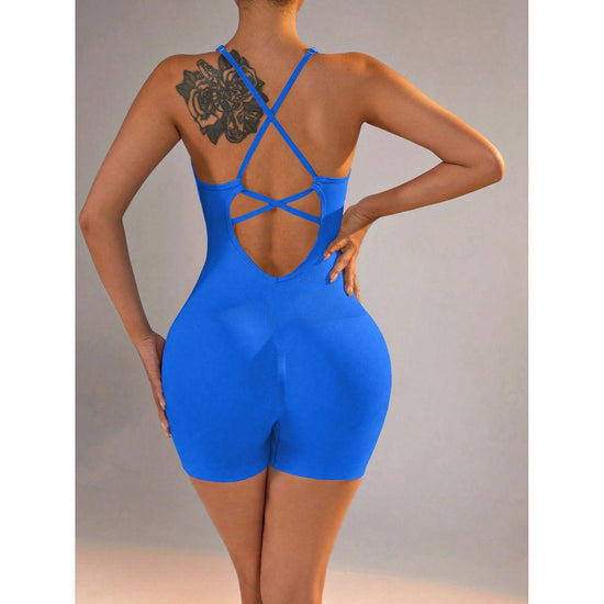 Size L Royal Blue Nylon Seamless Yoga Bodysuit - Women&