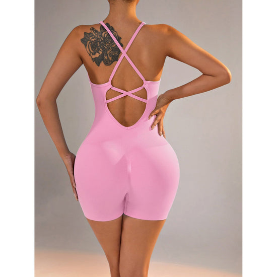Size M Light Pink Grey Nylon Seamless Yoga Bodysuit - Women&