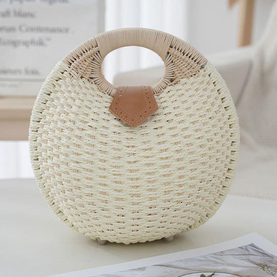 White Boho Circle Straw Bag - Stylish Woven with Round Handles