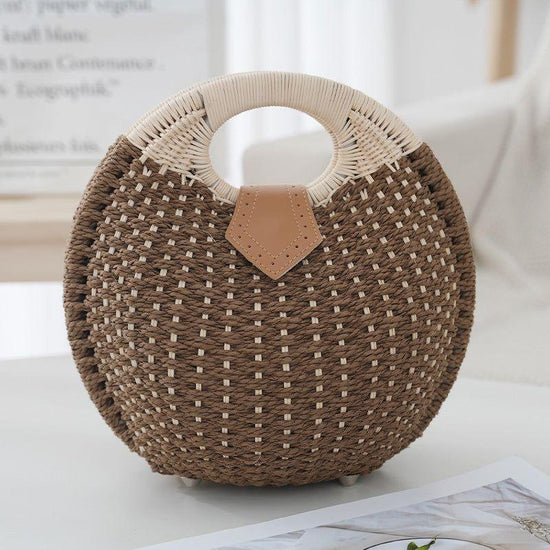 Brown Boho Circle Straw Bag - Stylish Woven with Round Handles
