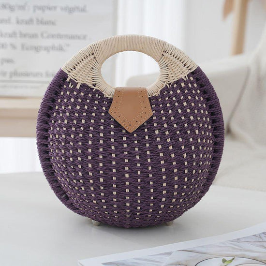 Purple Boho Circle Straw Bag - Stylish Woven with Round Handles