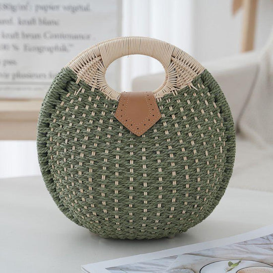 Green Boho Circle Straw Bag - Stylish Woven with Round Handles