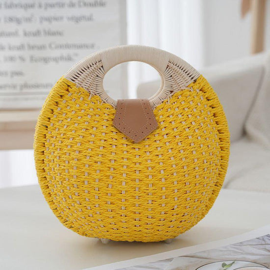 Yellow Boho Circle Straw Bag - Stylish Woven with Round Handles