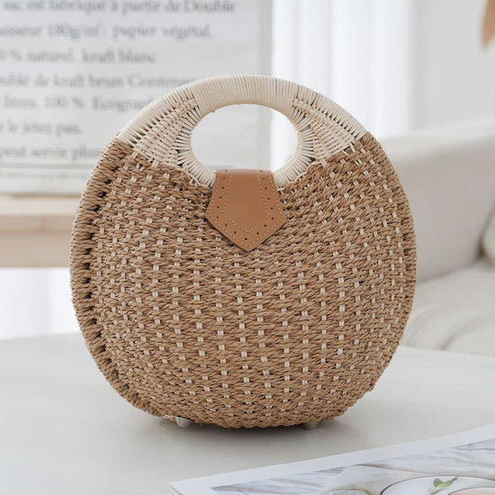 Khaki Boho Circle Straw Bag - Stylish Woven with Round Handles