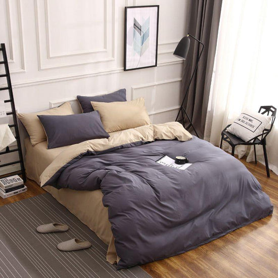 Dark Grey And Khaki Stitching Ultra-Soft Solid Color 4-Piece Bedding Set - Queen Size(Suitable for 2m bed)