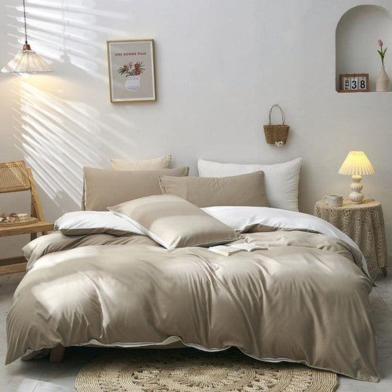 Light Brown And White Stitching Ultra-Soft Solid Color 4-Piece Bedding Set - Queen Size(Suitable for 2m bed)