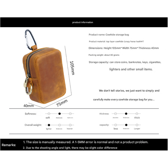 Brown Genuine Leather Belt Pouch - Mini Waist Bag with Zipper and Carabiner