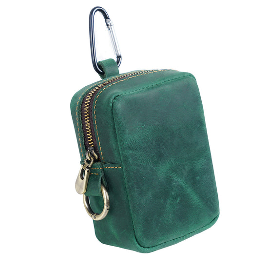 Dark Green Genuine Leather Belt Pouch - Mini Waist Bag with Zipper and Carabiner