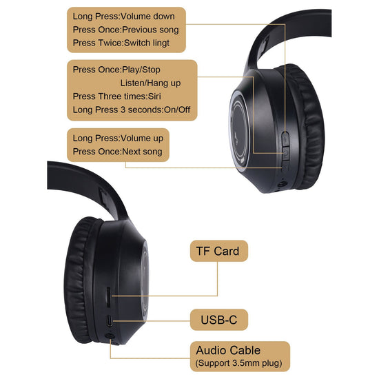 Black Bluetooth 5.2 Headphones - Foldable, Adjustable Headband, TF Card