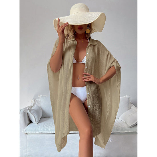 Khaki Summer Beach Cover-Up- Bamboo Cotton Sun Protection Cardigan