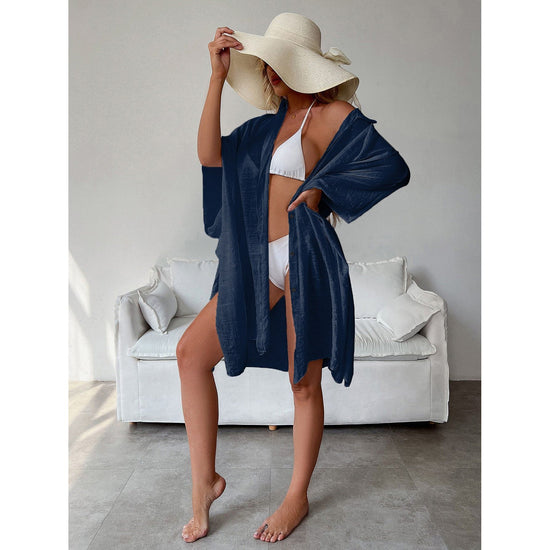 Navy Blue Summer Beach Cover-Up- Bamboo Cotton Sun Protection Cardigan