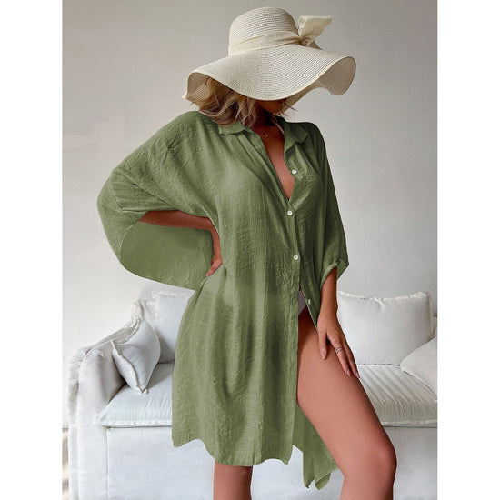 Military Green Summer Beach Cover-Up- Bamboo Cotton Sun Protection Cardigan