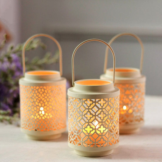 White Vintage Style Candle Lantern - Iron Tabletop Centerpiece for Home Decor