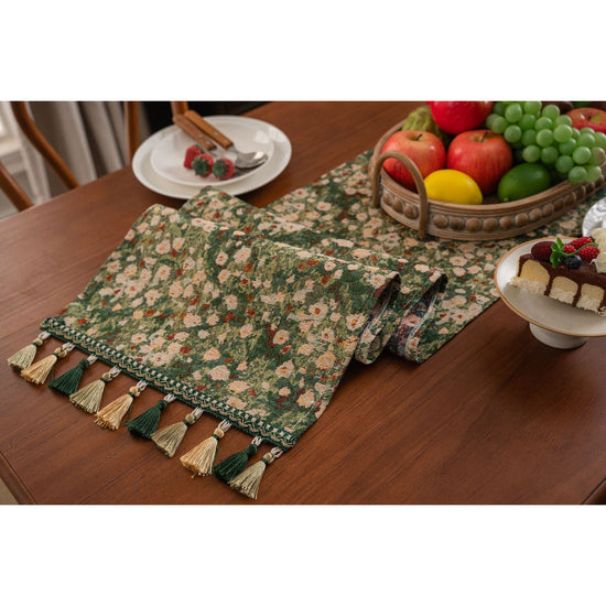 Floral Table Runner with Tassels - Jacquard Green Farmhouse Style (33x240cm)