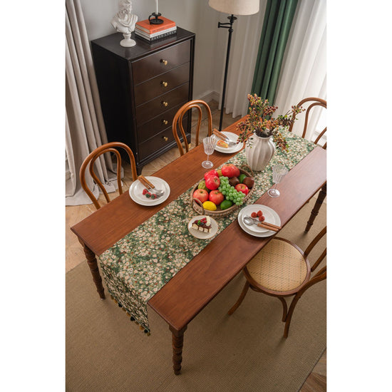 Floral Table Runner with Tassels - Jacquard Green Farmhouse Style (33x300cm)