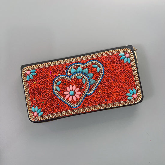 Red Love Heart Ethnic Style Beaded Clutch - Handmade Retro Wallet Style 7